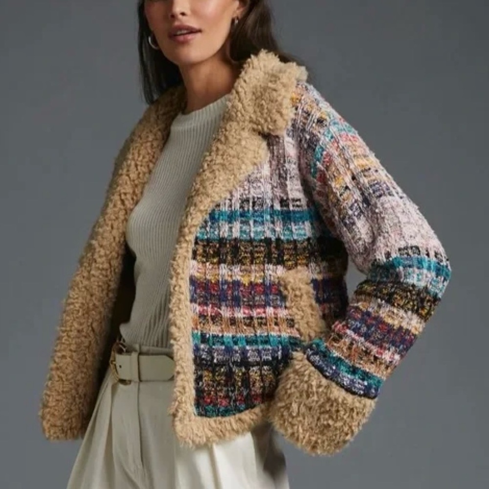 Anthropologie | Multi-color Knit Open Jacket with Faux Shearling, XL
